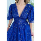 Plunging V-neck Half Sleeves Sparkly Formal Dress with Slit
