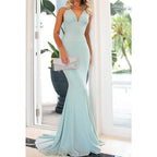 V-Neck Halter Backless Satin Mermaid Long Prom Evening Gown