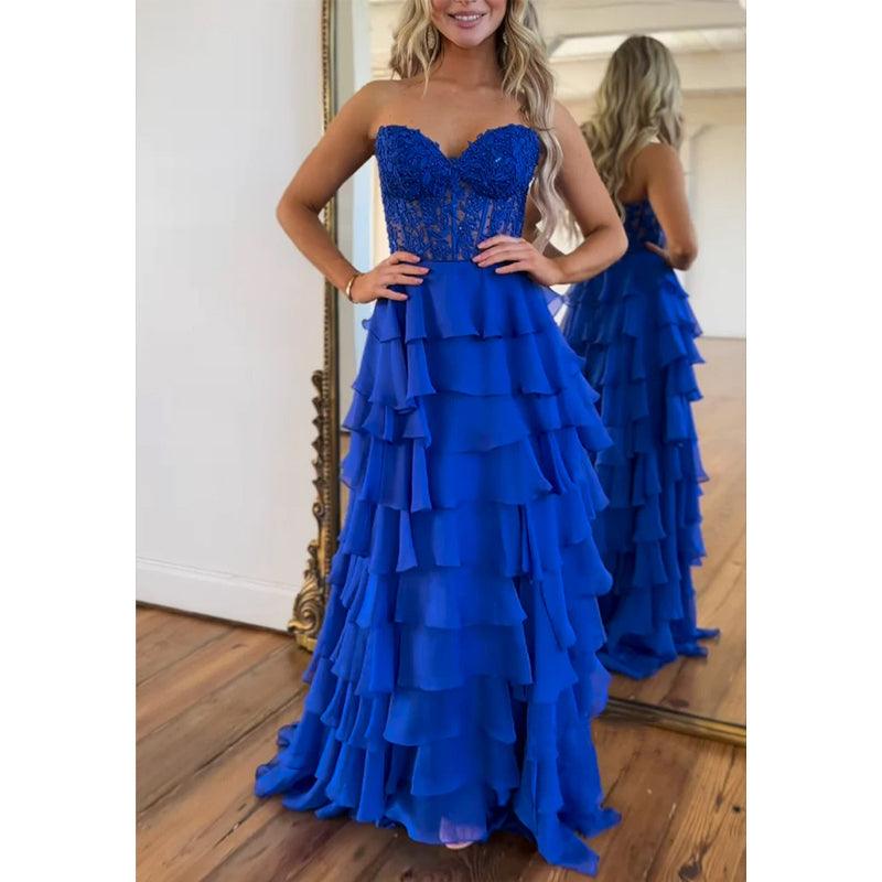 Sweetheart Strapless A-line Appliques Tiered Party Prom Evening Dress