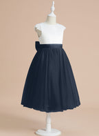 A-line Satin Tulle Tea-length First Communion Flower Girl Dress