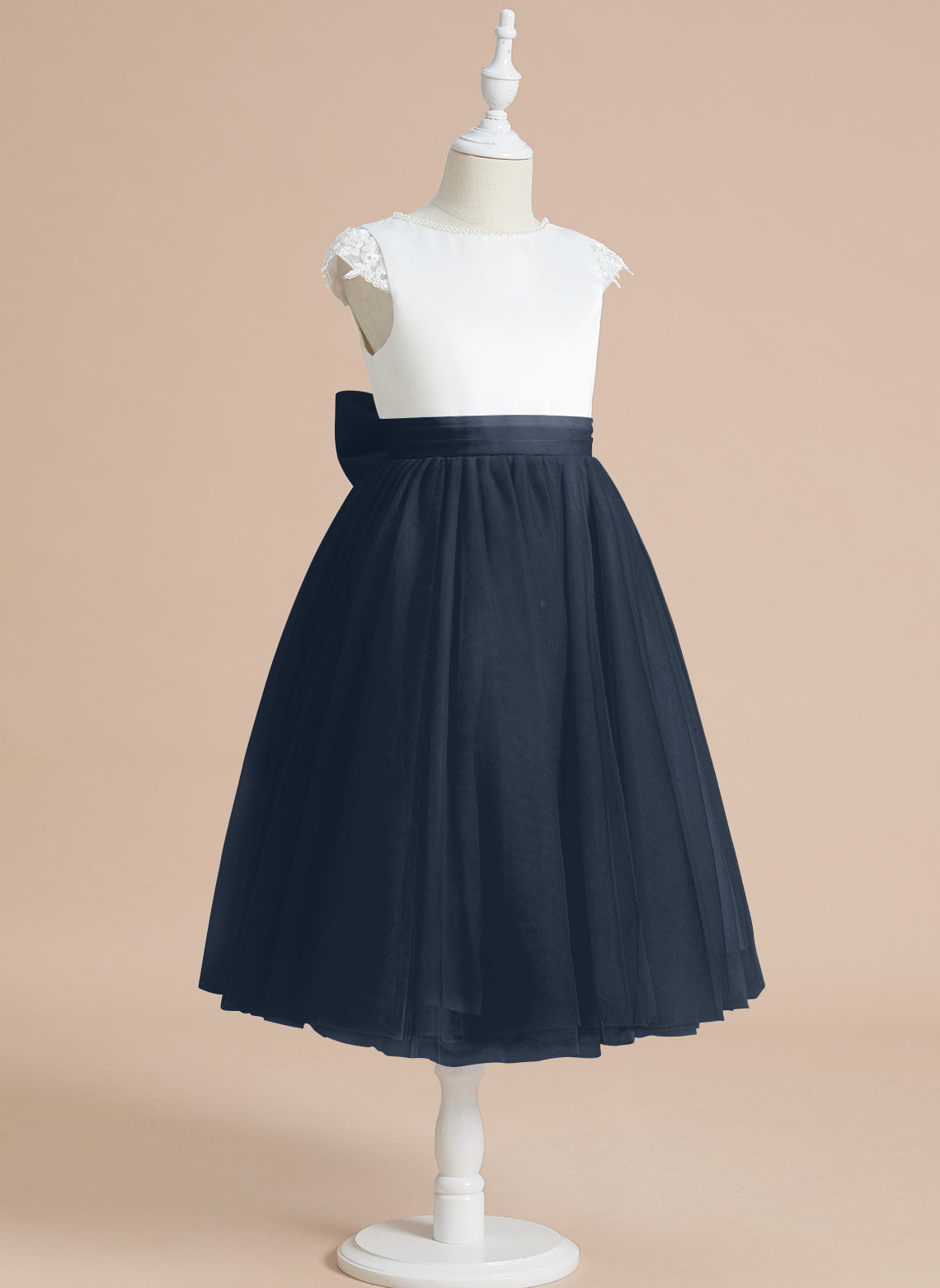 A-line Satin Tulle Tea-length First Communion Flower Girl Dress