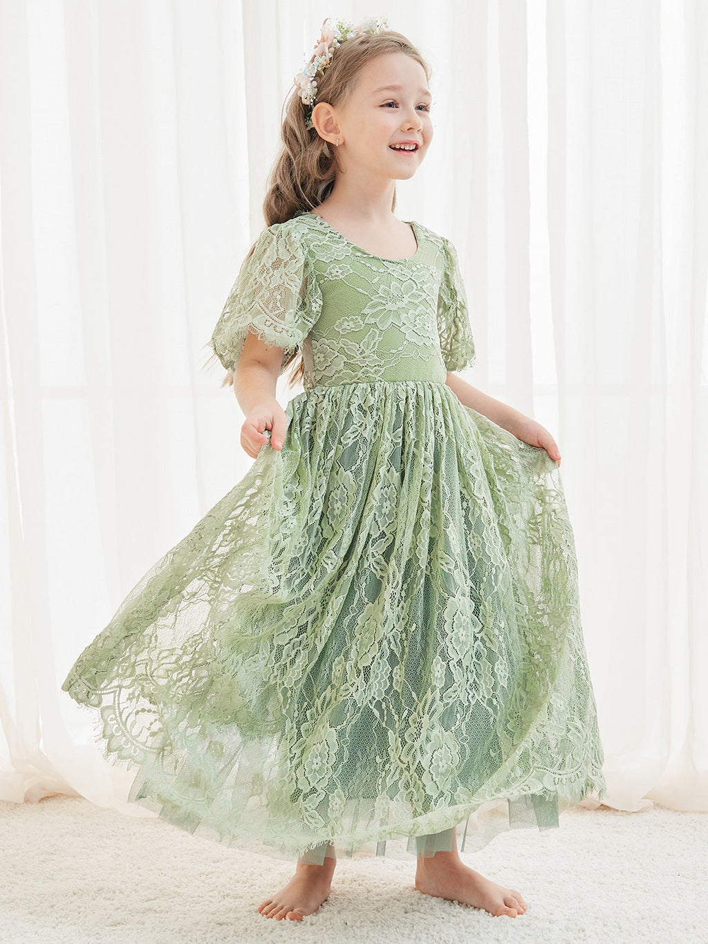 A-line Lace Ankle-length Ivory Boho Flower Girl Dress