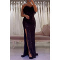Sparkly Strapless Feathers Long Prom Dress with Split Evening Gowns