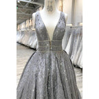 Plunging V-neck Grey Lace Gown Long Prom Dress