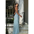 Elegant Luxurious Sheath V-Neck Straps Fully Beaded Party Gown Prom Dress with Feather