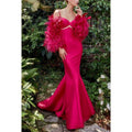V-Neck Feather Long Sleeves Cut Outs Satin Mermaid Long Prom Evening Dress
