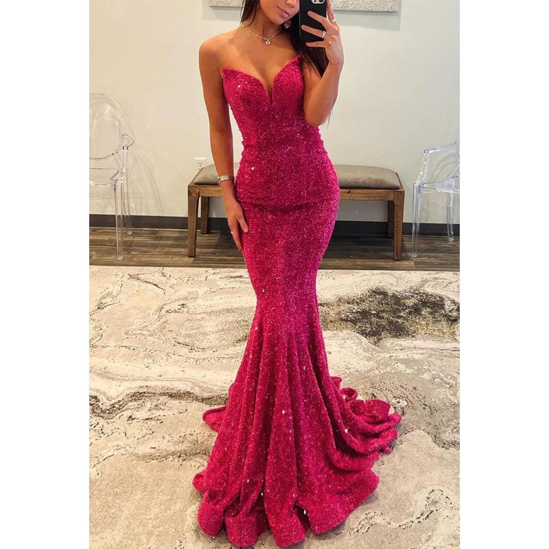 Sexy Fully Sequined V-neck Strapless Trumpet Party Prom Evening Dress