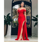 Sheath/column Off Shoulder Pleats Red Long Formal Evening Dress with Slit