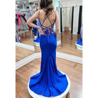 V-neck Spaghetti Straps Appliques Beaded with Side Slit Party Prom Evening Dress