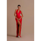 Sexy V Neck Pleats High Split Red Long Formal Party Dress