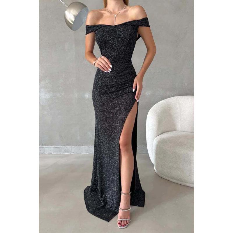 Sheath/column Glitter Off-shoulder Side Split Long Prom Formal Dress