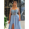 Women's Spaghetti Straps Beads High Split A-line Long Prom Dresses