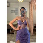 Sweetheart Strapless Sheer Sequined Sheath Long Prom Gown With Slit