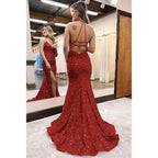 Backless Straps V Neck Mermaid Slit Sequined Party Prom Dress