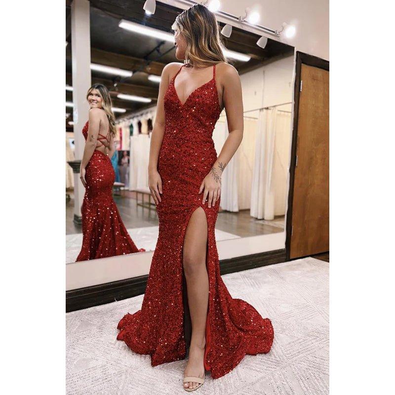 Backless Straps V Neck Mermaid Slit Sequined Party Prom Dress