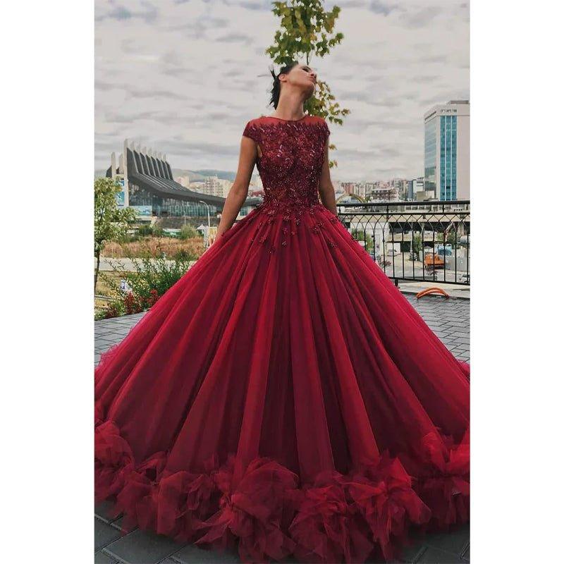 Ball Gown Burgundy Tulle Beaded Bateau Shor Sleeves Long Formal Evening Gowns