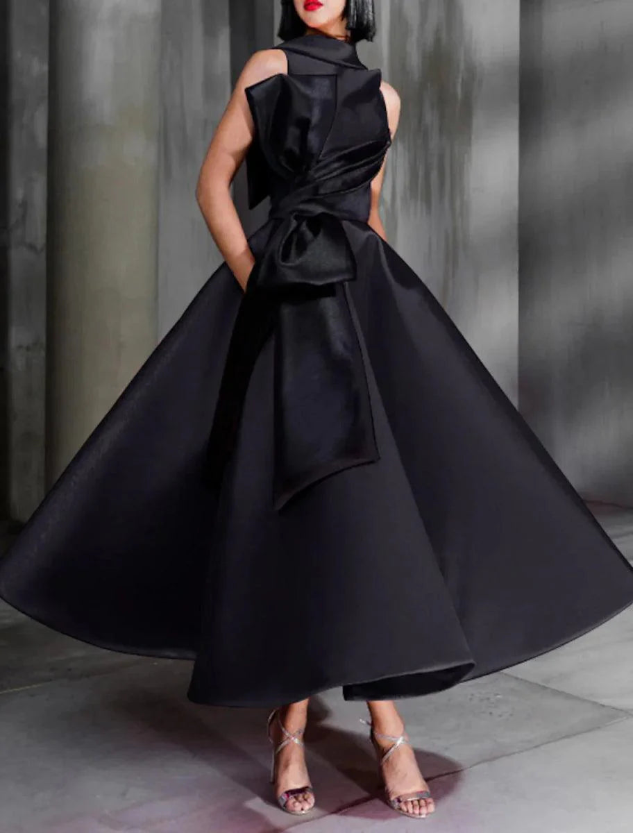 Ball Gown Color Block Celebrity Style Elegant Prom Formal Evening Birthday Dress Christmas Red Green Dress High Neck Sleeveless Ankle Length Satin with Bow(s)
