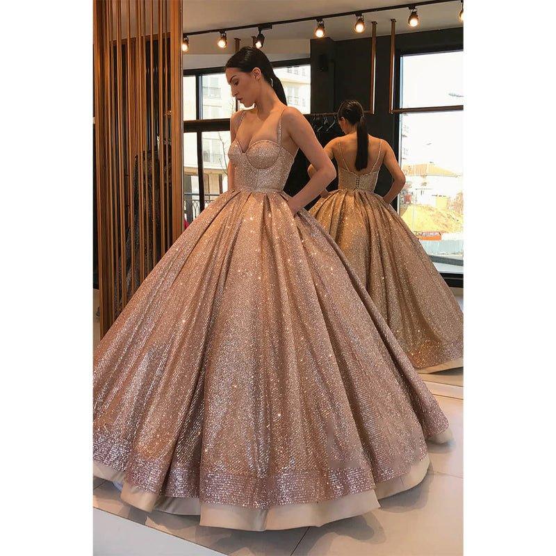 Ball Gown Gold Sequins Sweetheart Long Prom Dress with Pockets Formal Evening Gowns