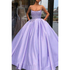 Ball Gown Lilac Satin Appliques Chic Scoop Long Prom Dress Formal Evening Gowns