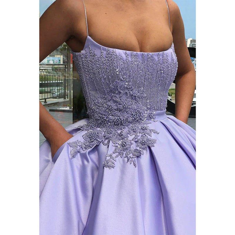 Ball Gown Lilac Satin Appliques Chic Scoop Long Prom Dress Formal Evening Gowns