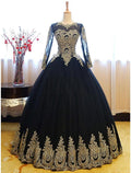 Ball Gown Luxurious Vintage Quinceanera Formal Evening Dress Jewel Neck Long Sleeve Floor Length Lace with Appliques