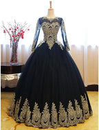 Ball Gown Luxurious Vintage Quinceanera Formal Evening Dress Jewel Neck Long Sleeve Floor Length Lace with Appliques