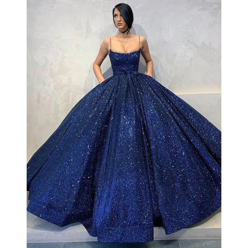 Ball Gown Navy Blue Sequins Spaghetti Straps Long Prom Dress with Pockets