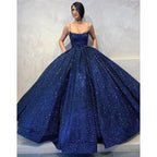 Ball Gown Navy Blue Sequins Spaghetti Straps Long Prom Dress with Pockets