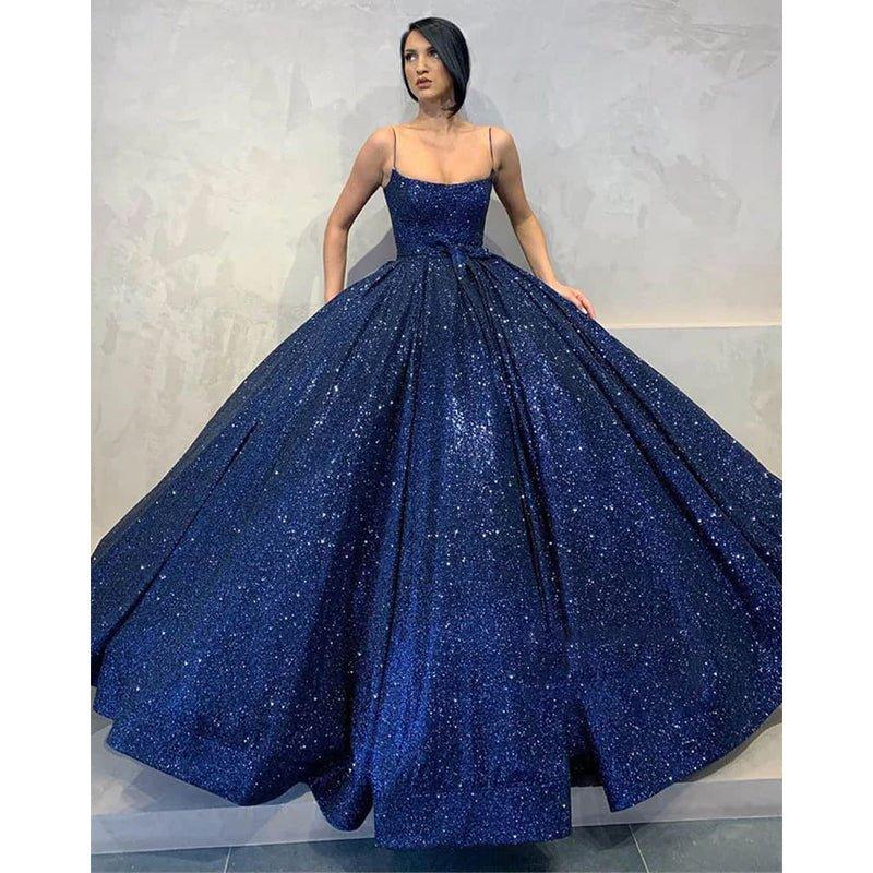 Ball Gown Navy Blue Sequins Spaghetti Straps Long Prom Dress with Pockets