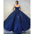 Ball Gown Navy Blue Sequins Spaghetti Straps Long Prom Dress with Pockets