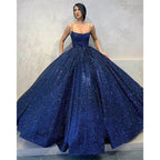 Ball Gown Navy Blue Sequins Spaghetti Straps Long Prom Dress with Pockets