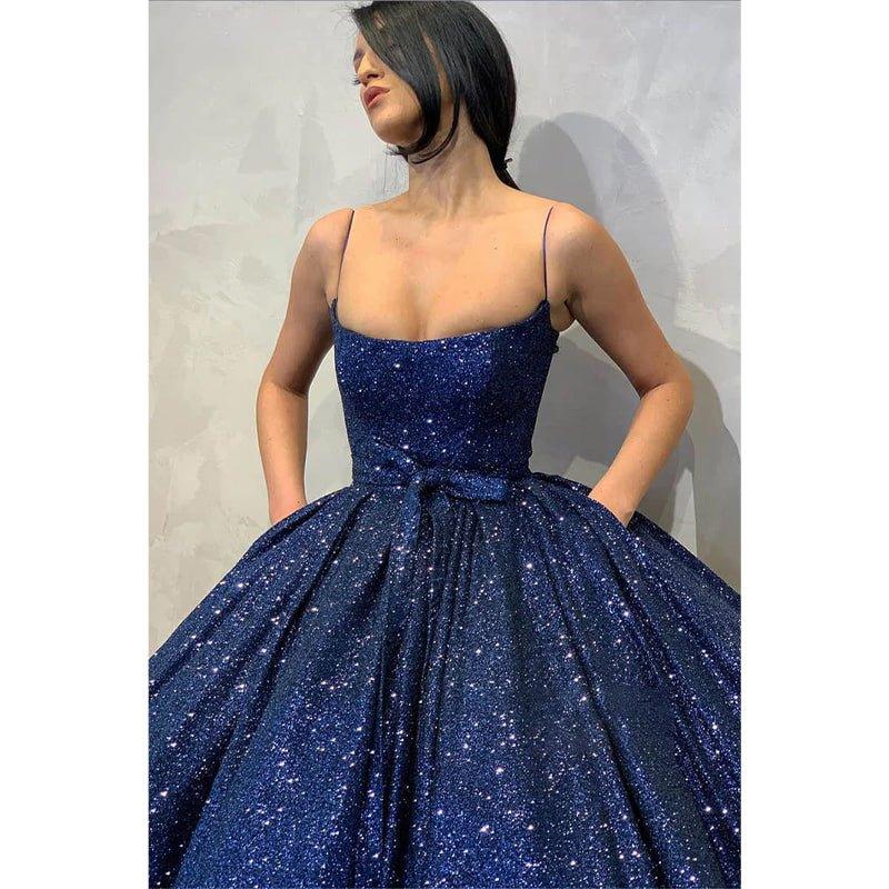 Ball Gown Navy Blue Sequins Spaghetti Straps Long Prom Dress with Pockets