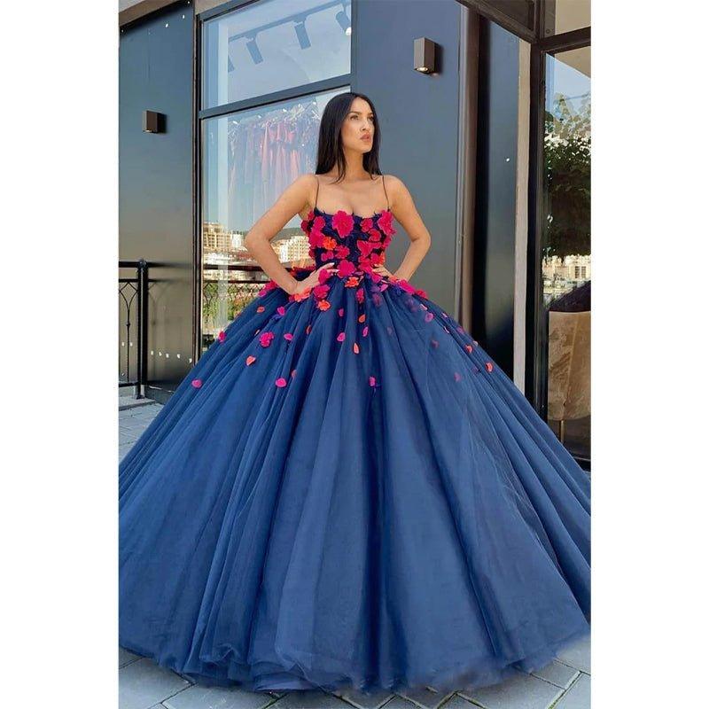 Ball Gown Navy Blue Tulle 3d Appliques Long Prom Dress Formal Evening Gowns
