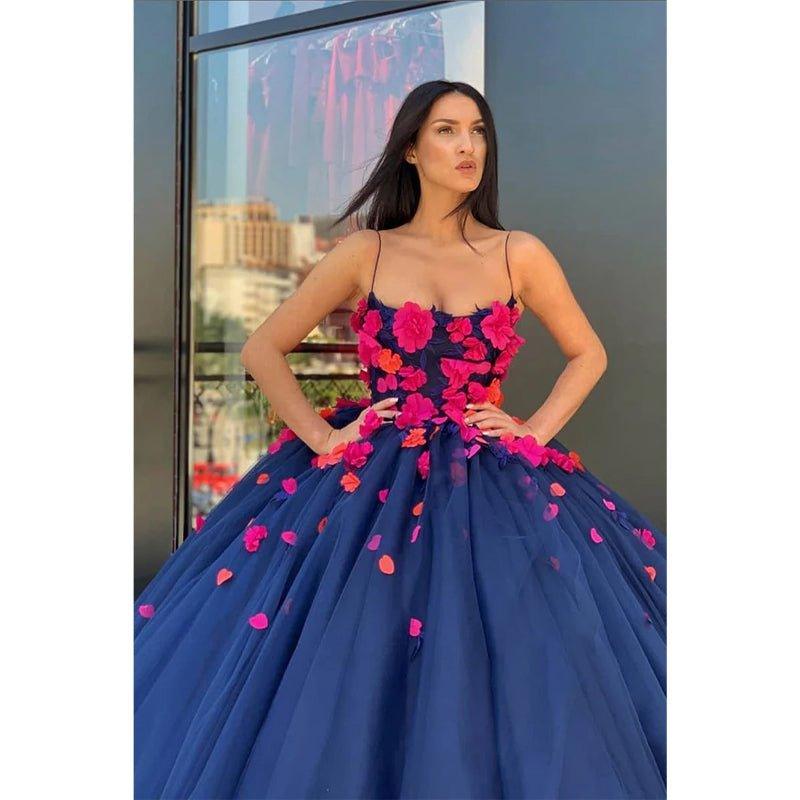 Ball Gown Navy Blue Tulle 3d Appliques Long Prom Dress Formal Evening Gowns