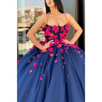 Ball Gown Navy Blue Tulle 3d Appliques Long Prom Dress Formal Evening Gowns