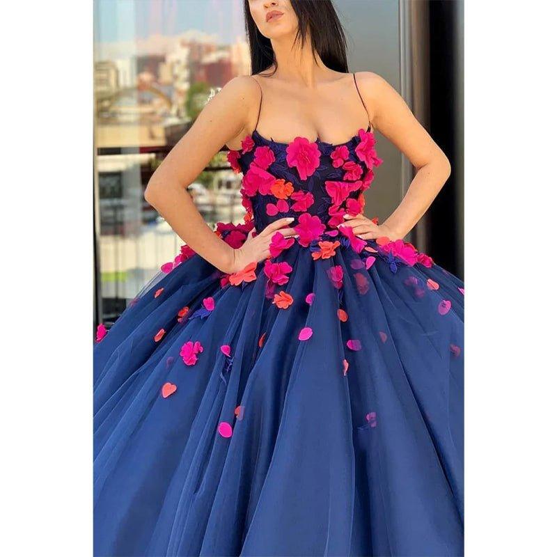 Ball Gown Navy Blue Tulle 3d Appliques Long Prom Dress Formal Evening Gowns