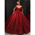 Ball Gown Off-the-shoulder Burgundy Sequined Long Formal Evening Dress
