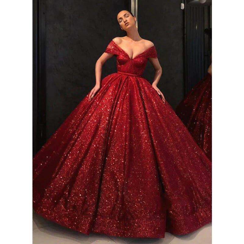 Ball Gown Off-the-shoulder Burgundy Sequined Long Formal Evening Dress