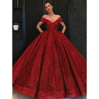 Ball Gown Off-the-shoulder Burgundy Sequined Long Formal Evening Dress