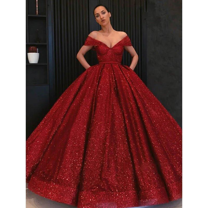 Ball Gown Off-the-shoulder Burgundy Sequined Long Formal Evening Dress