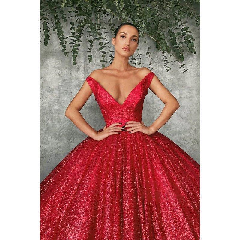 Ball Gown Off-the-shoulder Red Sequins Long Evening Dress Prom Gowns