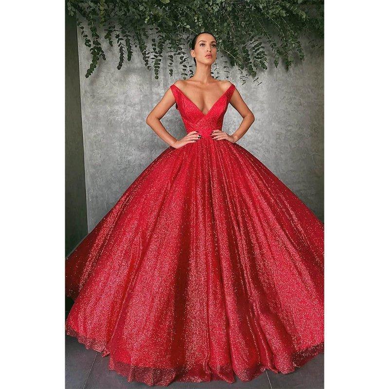 Ball Gown Off-the-shoulder Red Sequins Long Evening Dress Prom Gowns