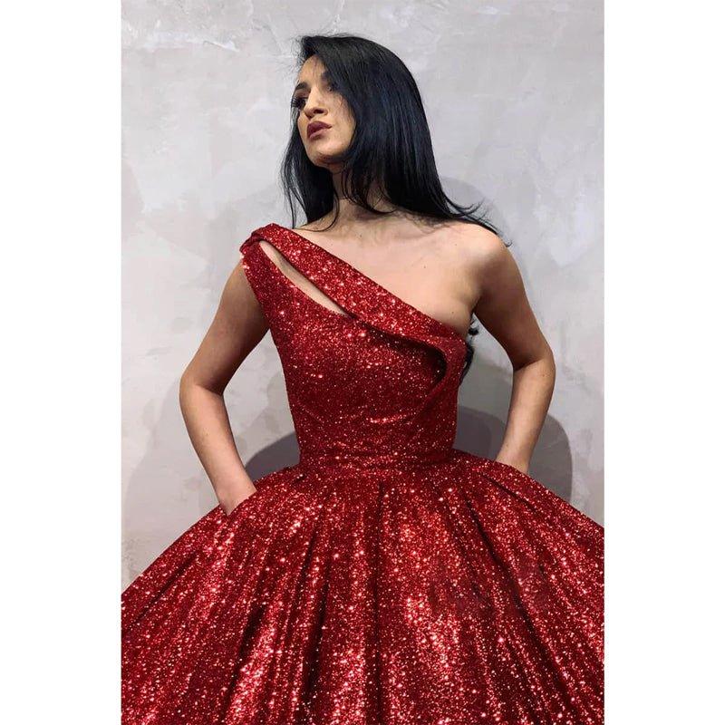 Ball Gown One Shoulder Burgundy Sequins Long Evening Gowns Prom Dress