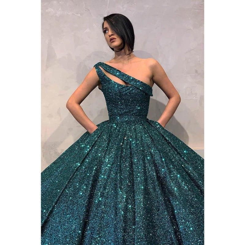 Ball Gown One Shoulder Burgundy Sequins Long Evening Gowns Prom Dress