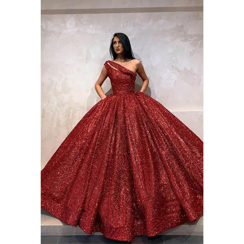 Ball Gown One Shoulder Burgundy Sequins Long Evening Gowns Prom Dress