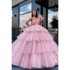 Ball Gown Pink Tulle One Shoulder Long Prom Dress Formal Evening Gowns