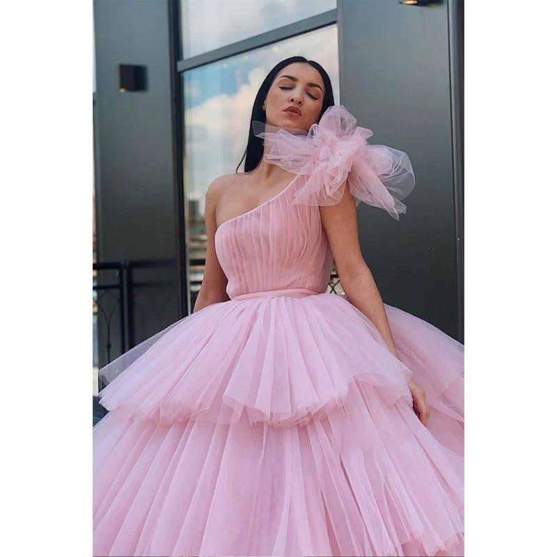 Ball Gown Pink Tulle One Shoulder Long Prom Dress Formal Evening Gowns