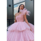 Ball Gown Pink Tulle One Shoulder Long Prom Dress Formal Evening Gowns
