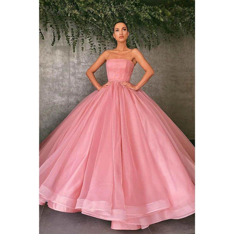 Ball Gown Pink Tulle Strapless Long Prom Evening Dress