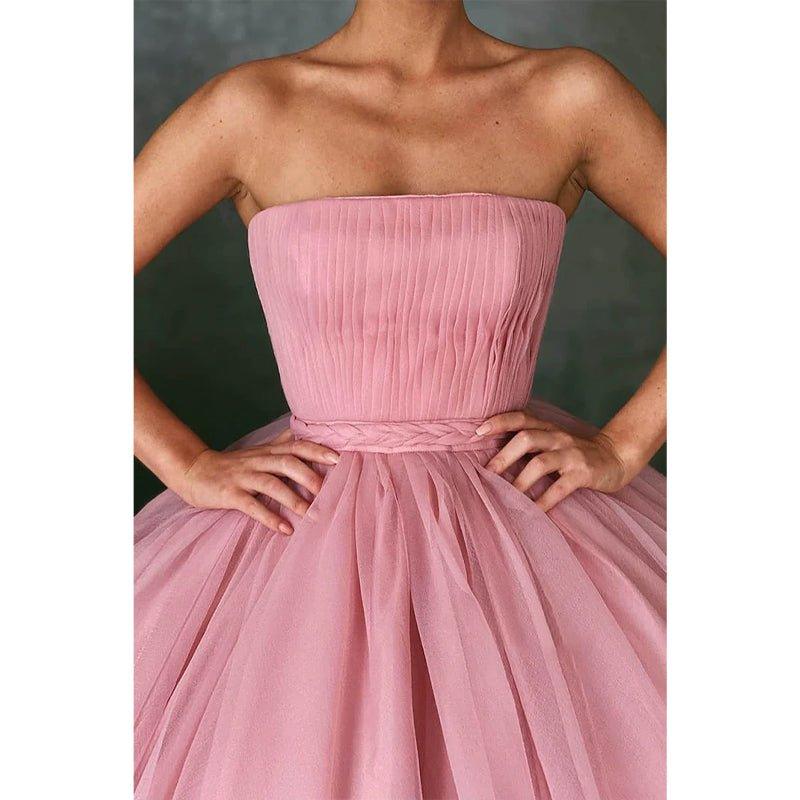 Ball Gown Pink Tulle Strapless Long Prom Evening Dress